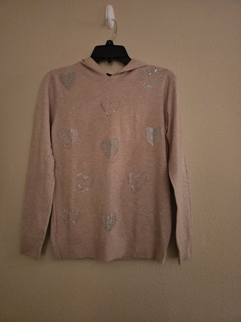 Women’s Cream Hooded Heart Rhinestone Cashmere Hoodie